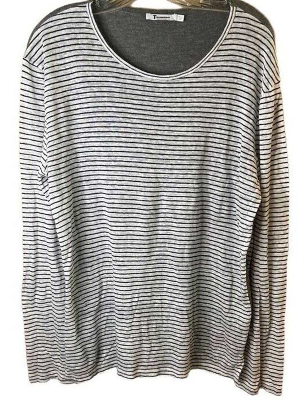 T by Alexander Wang Linen Slub Striped Long Sleeve T-Shirt Black White Gray L